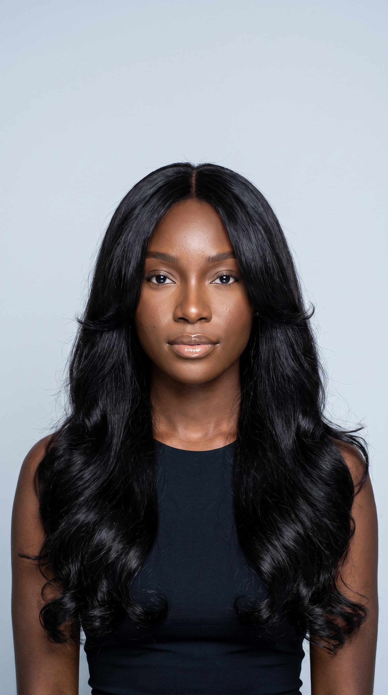 Long black body-wave hair with a center part